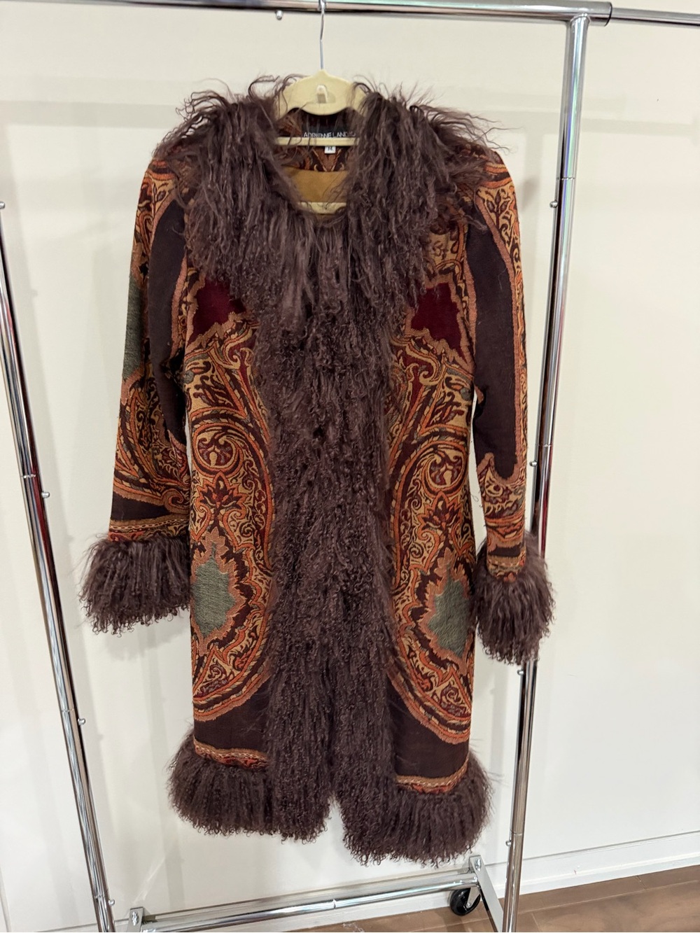 Adrienne Landau 2000s Wool Tapestry Coat with Mongolian fur trim size m